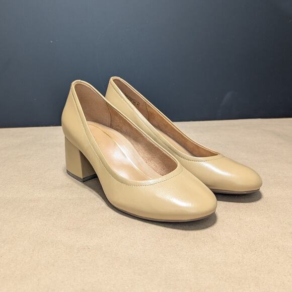 Vionic Carmel Tan Leather Block Heels Slip On Womens 7 Round Toe Officewear Corp - Picture 1 of 6